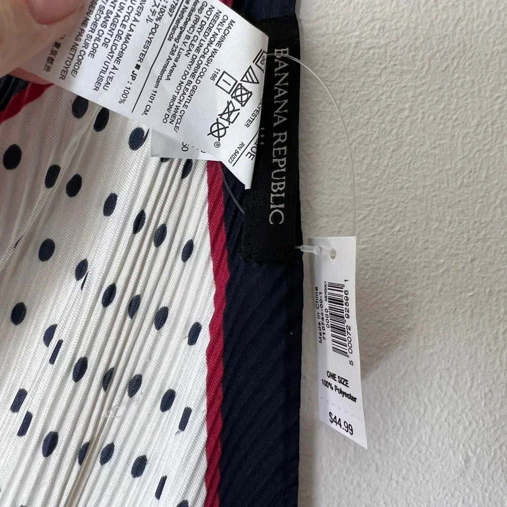 Banana Republic Polka Dot Pleated Scarf Square Navy White Red Coastal Chic NWT